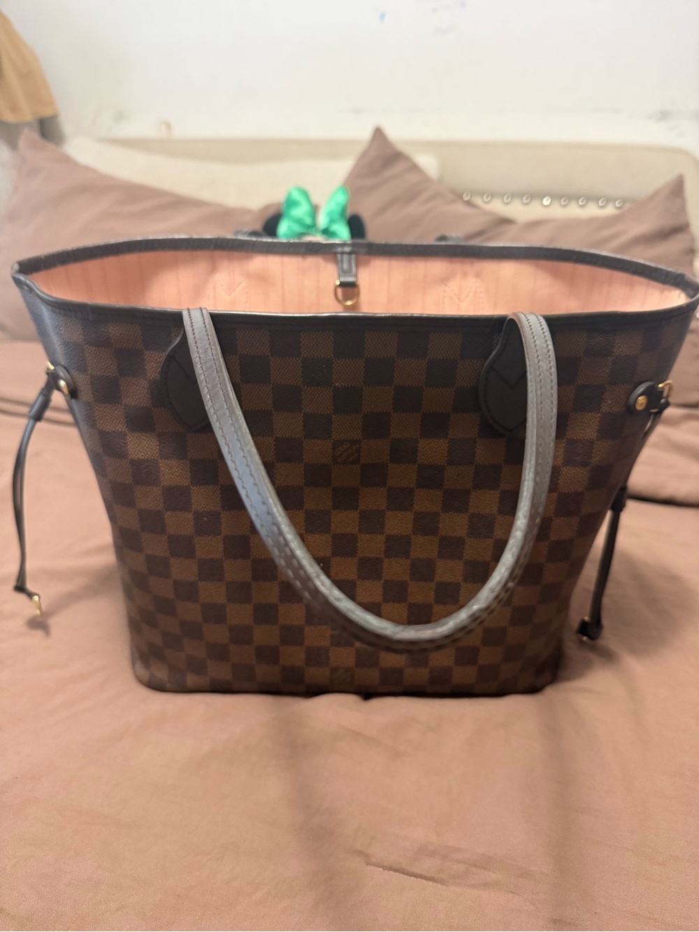Louis Vuitton never-full MM Checkered Tote Bag with Pink Interior